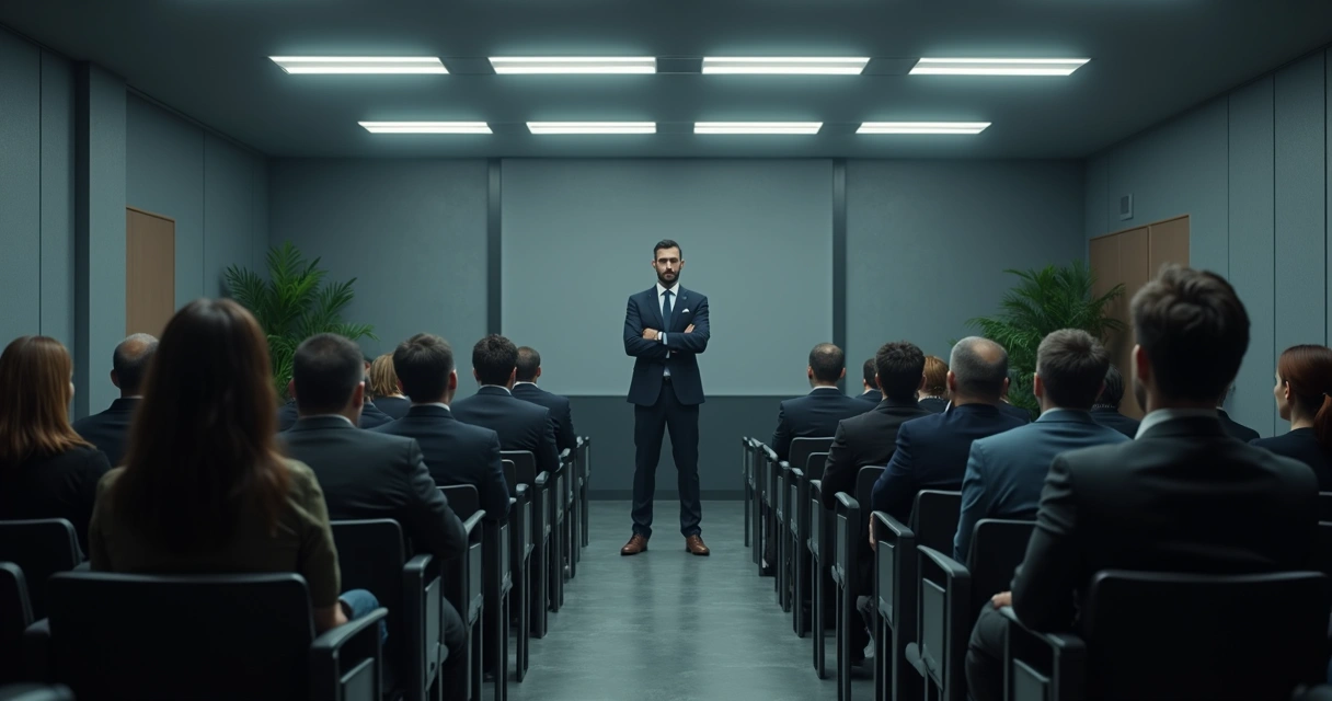Persona al frente controlando a un grupo de personas sin expresión, todos atentos a instrucciones 
