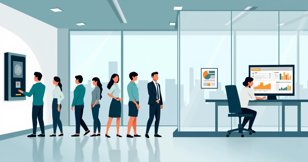 Ilustración corporativa de control biométrico de asistencia en oficina paraguaya moderna 