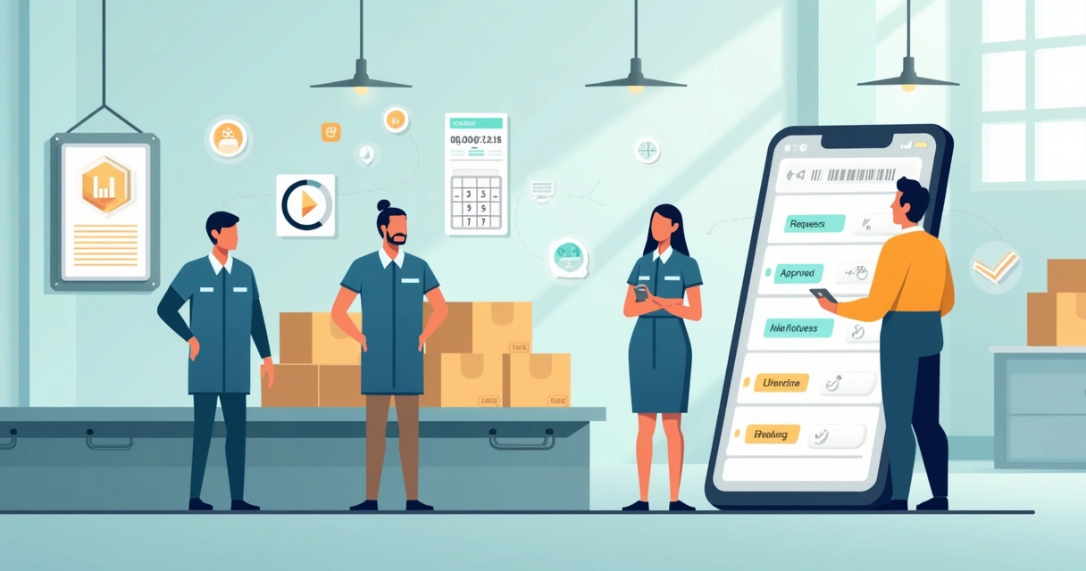 Supervisor controlando horas extra desde app móvil frente a línea de producción 