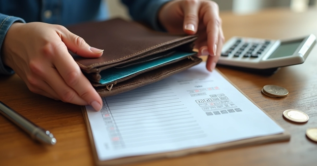 Manos sosteniendo billetera vacía y lista de compras revisada