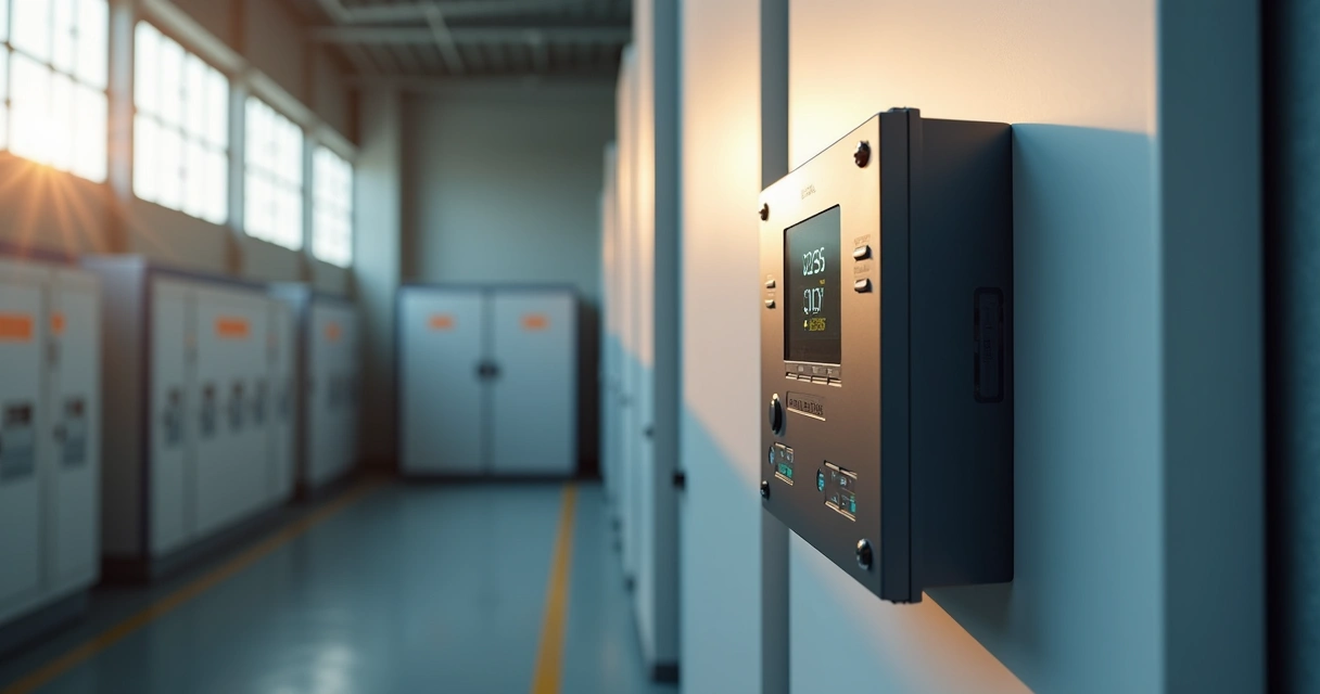 Controlador de energia solar em destaque em uma parede comercial 
