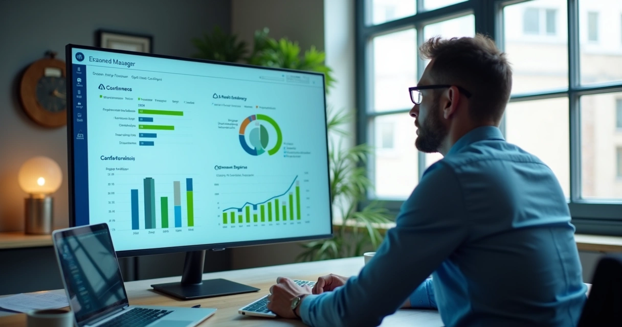 Gestor usando software para monitorar fluxo de caixa empresarial 