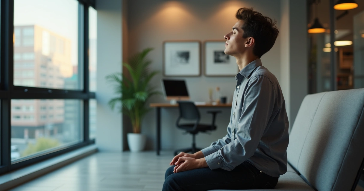 Pessoa isolada respirando profundamente durante uma pausa no trabalho 
