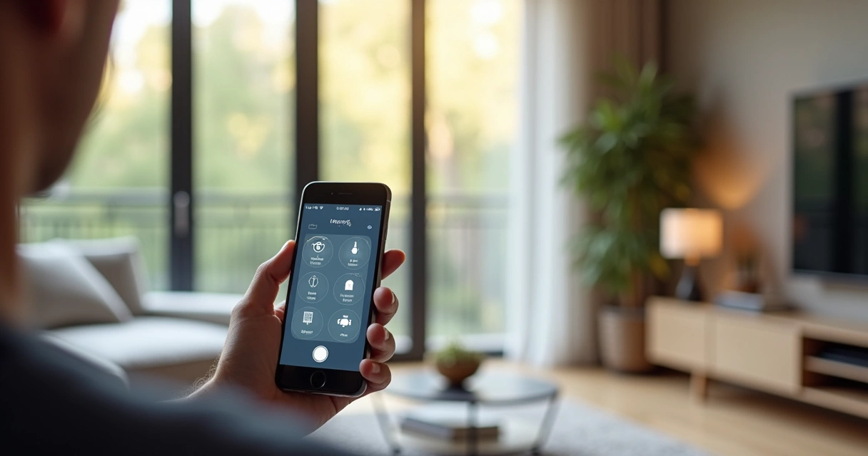 Pessoa usando smartphone para controlar dispositivos em casa, interface de automação residencial visível 