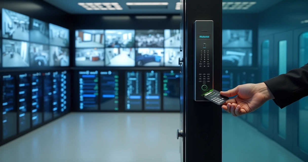 Sistema de controle de acesso com leitor de cartão integrado a monitor com imagens de CFTV em sala de segurança 