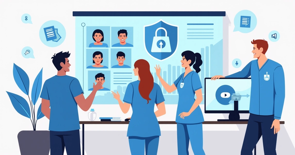 LGPD em Auditorias Clínicas: Práticas Seguras e Conformidade 1 Profissionais analisando dados clínicos em painéis digitais com bloqueios de segurança
