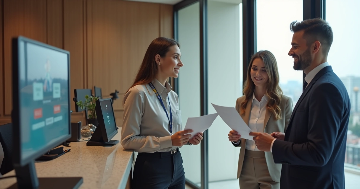 Portaria digital com tela de registro de visitantes e porteiro conferindo documento