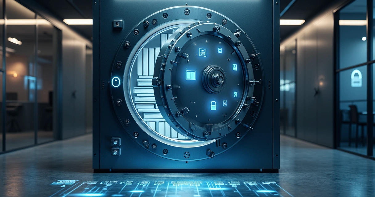 Porta de cofre digital aberta revelando documentos e dados protegidos 