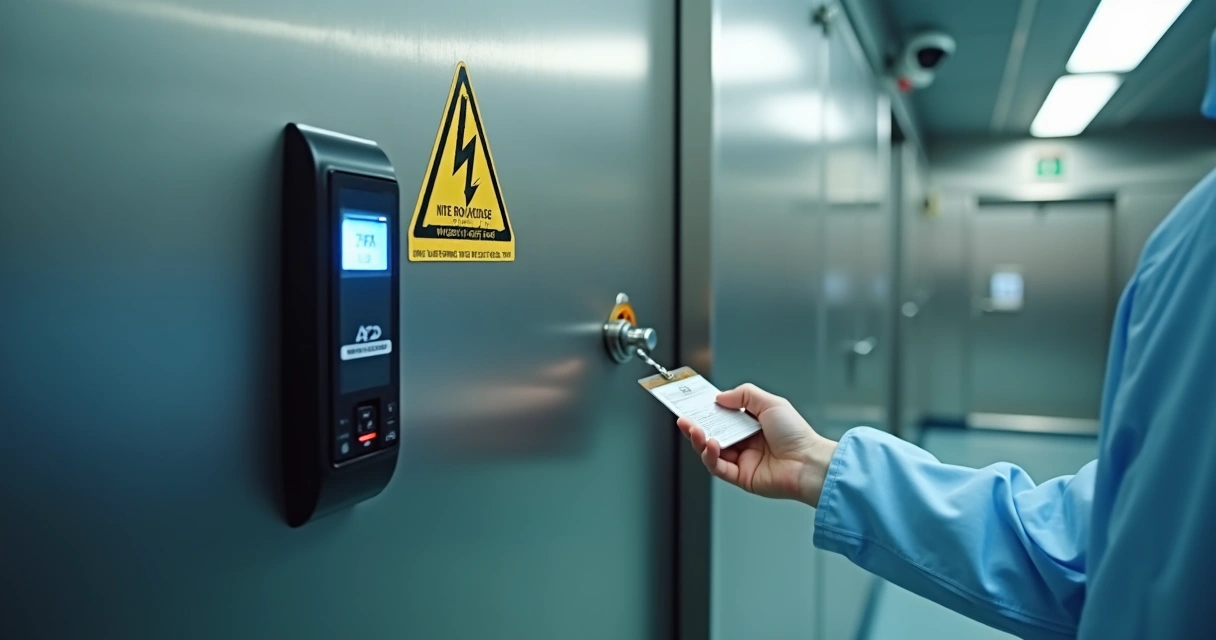 Leitor de crachá em porta de sala elétrica restrita 