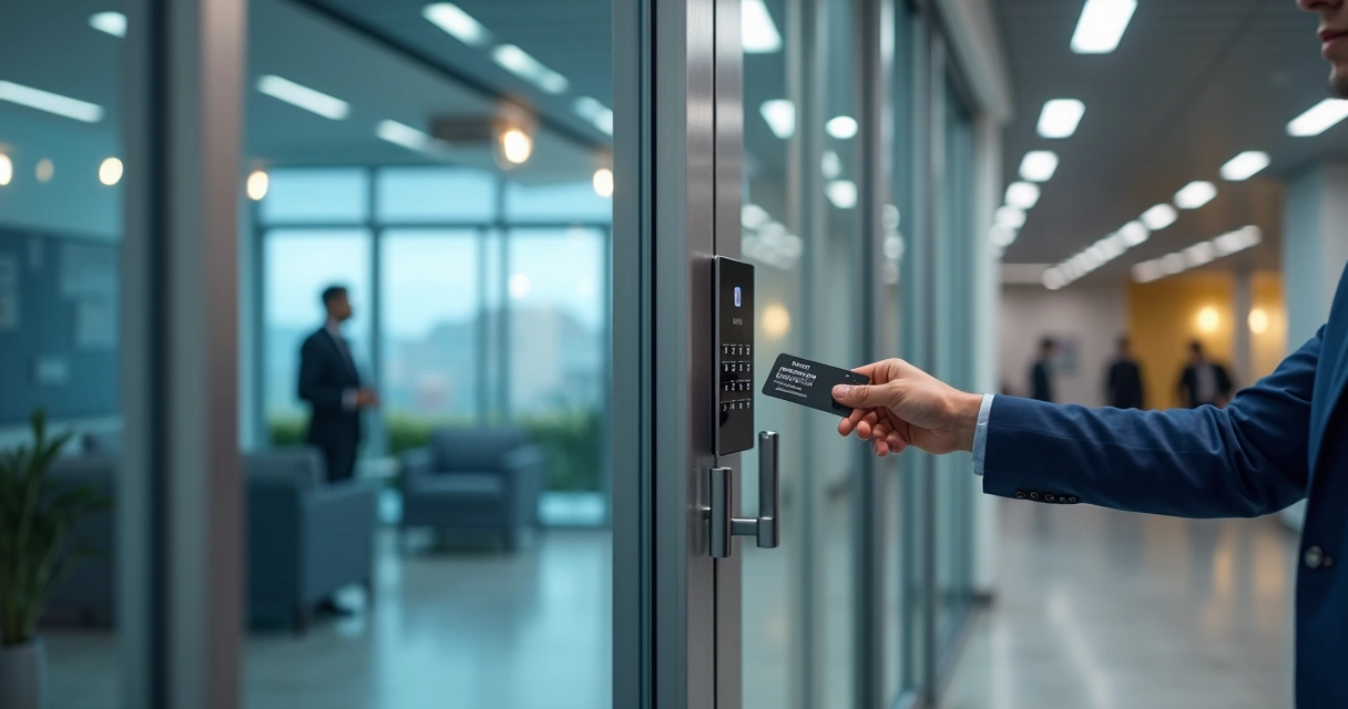 Porta corporativa com leitor de cartão e câmera de segurança