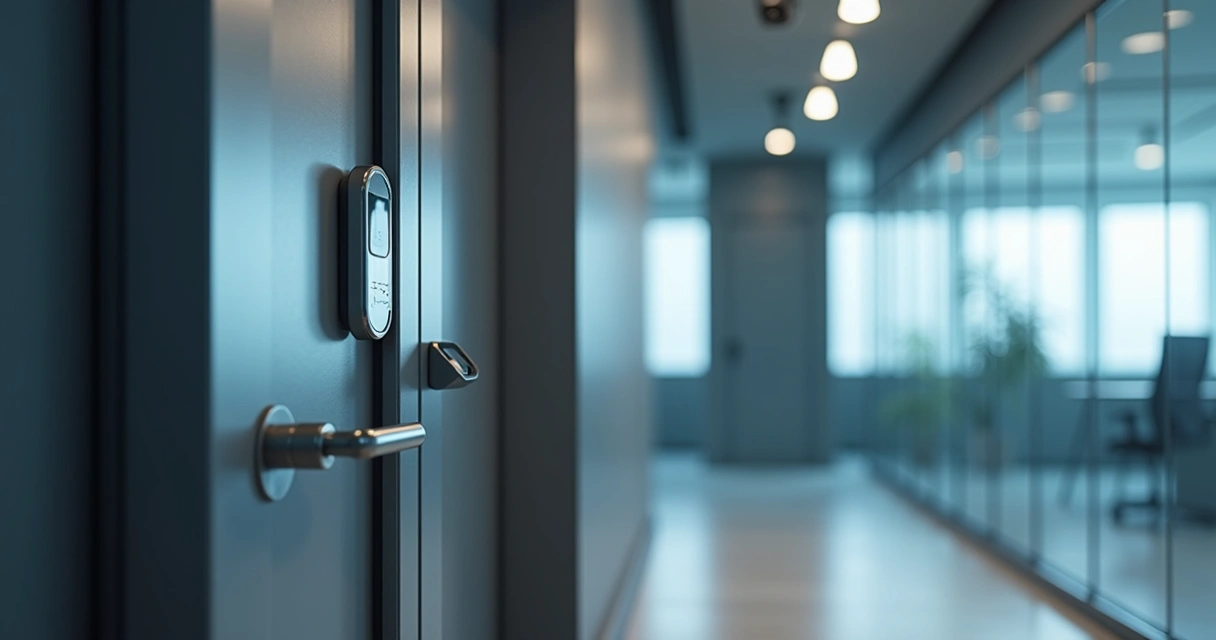 Entrada corporativa com controle de acesso e câmera 