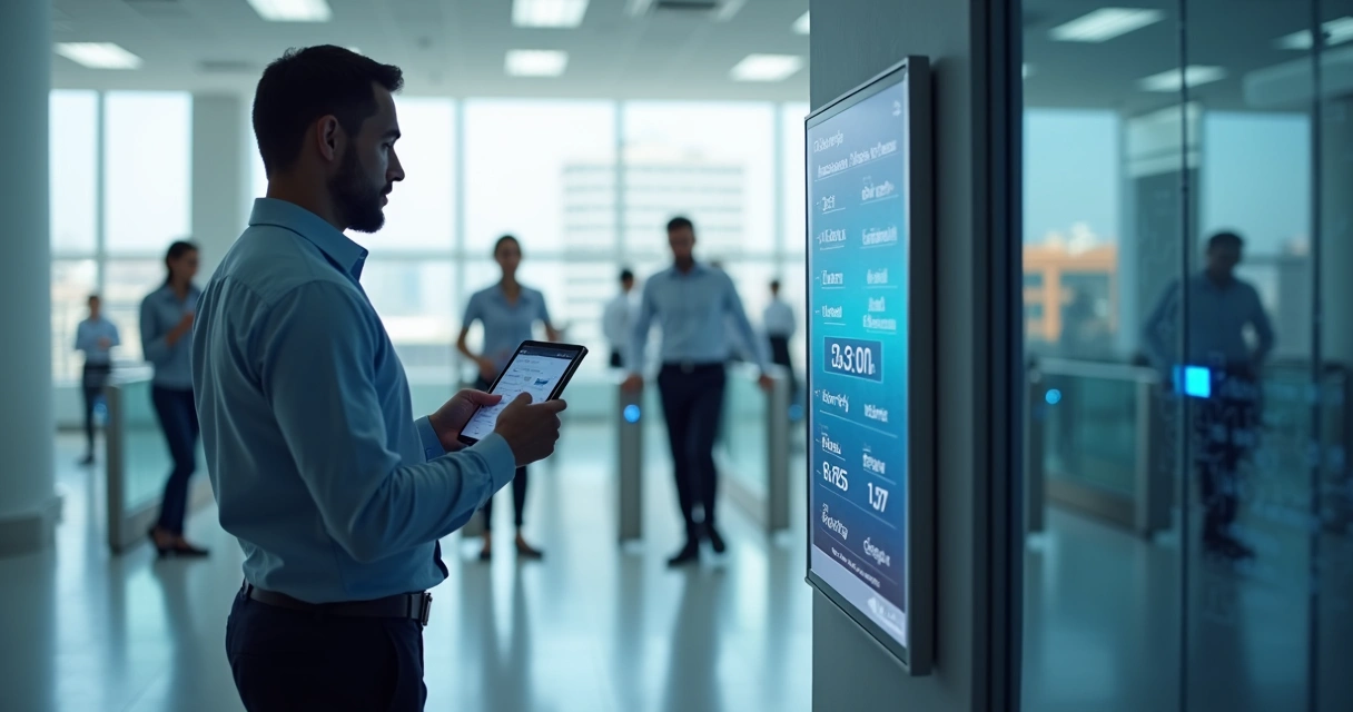 Gestor ajustando controle de acesso corporativo via app remoto 
