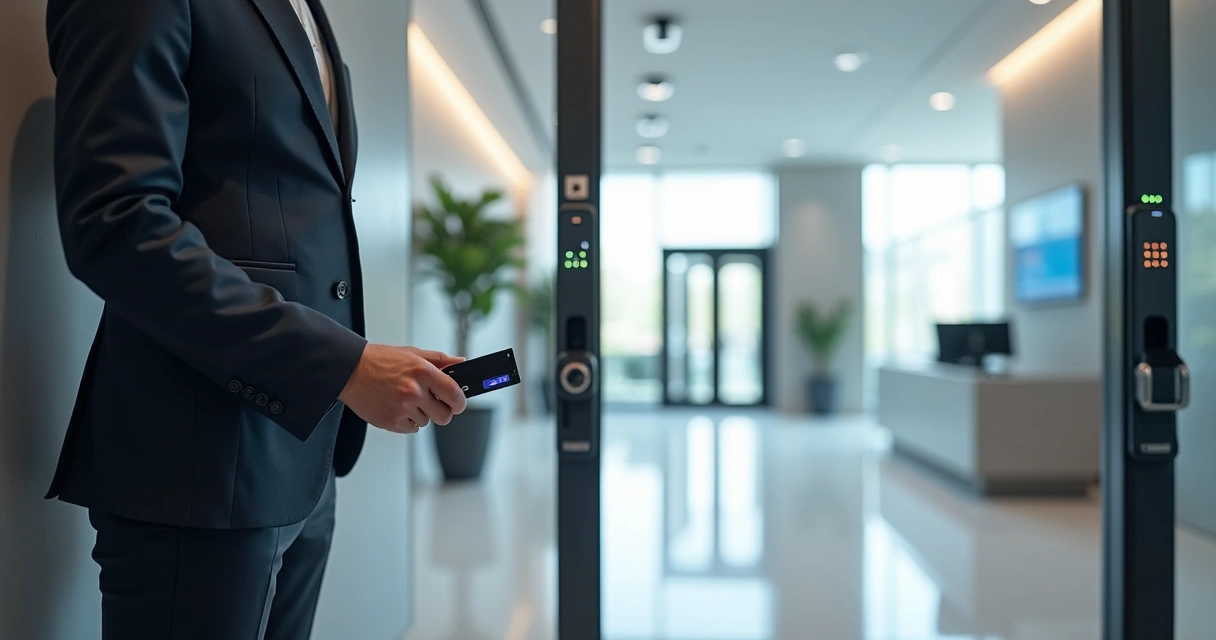 Painel de controle de acesso com cartão e biometria em entrada de empresa moderna 