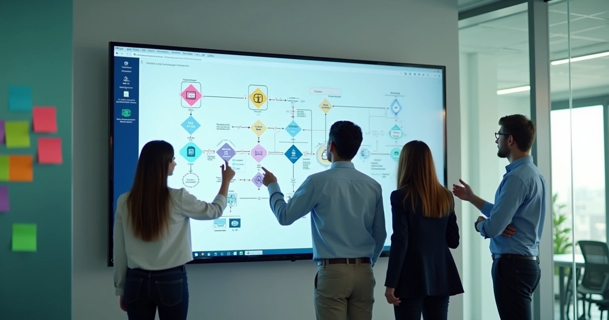 Equipe de TI discutindo acesso seguro a diagrama em tela grande