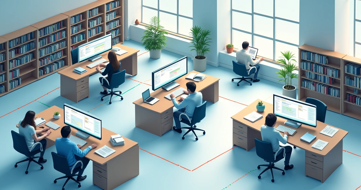 Controle de acesso no escritório, pessoas usando computadores 