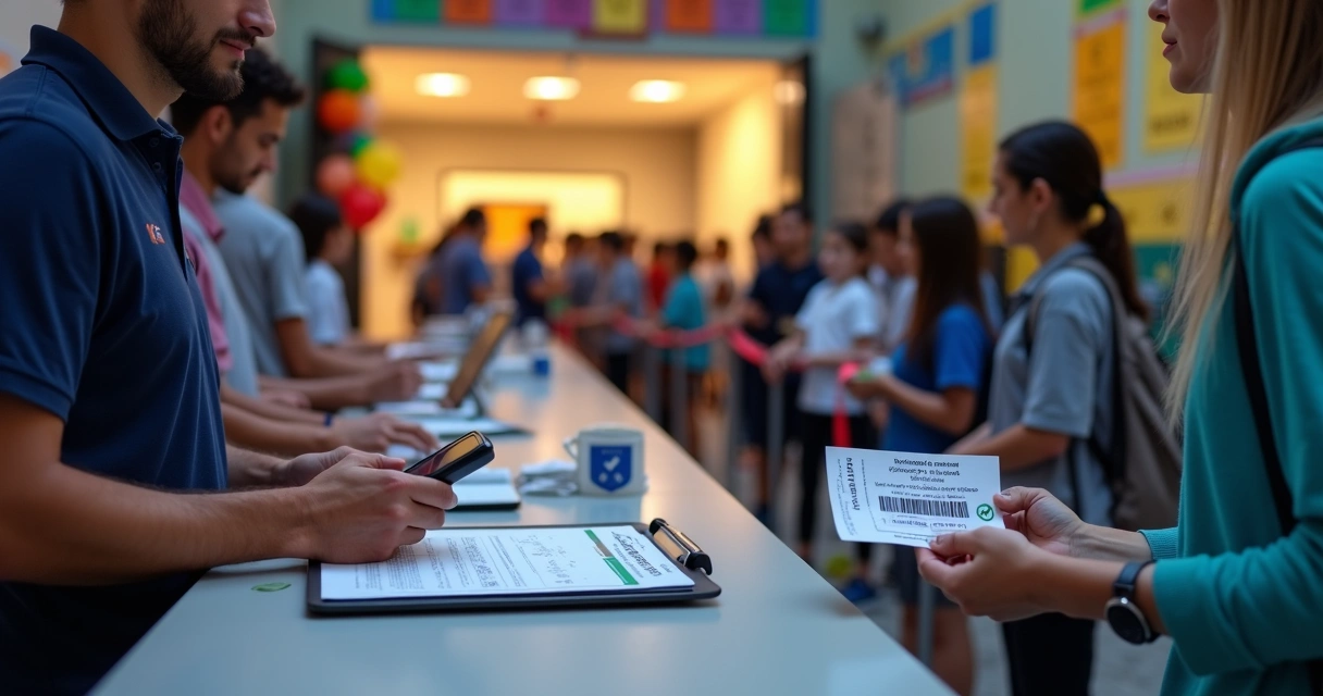Equipe escolar controlando acesso com escaneamento de ingressos na entrada do ginásio 
