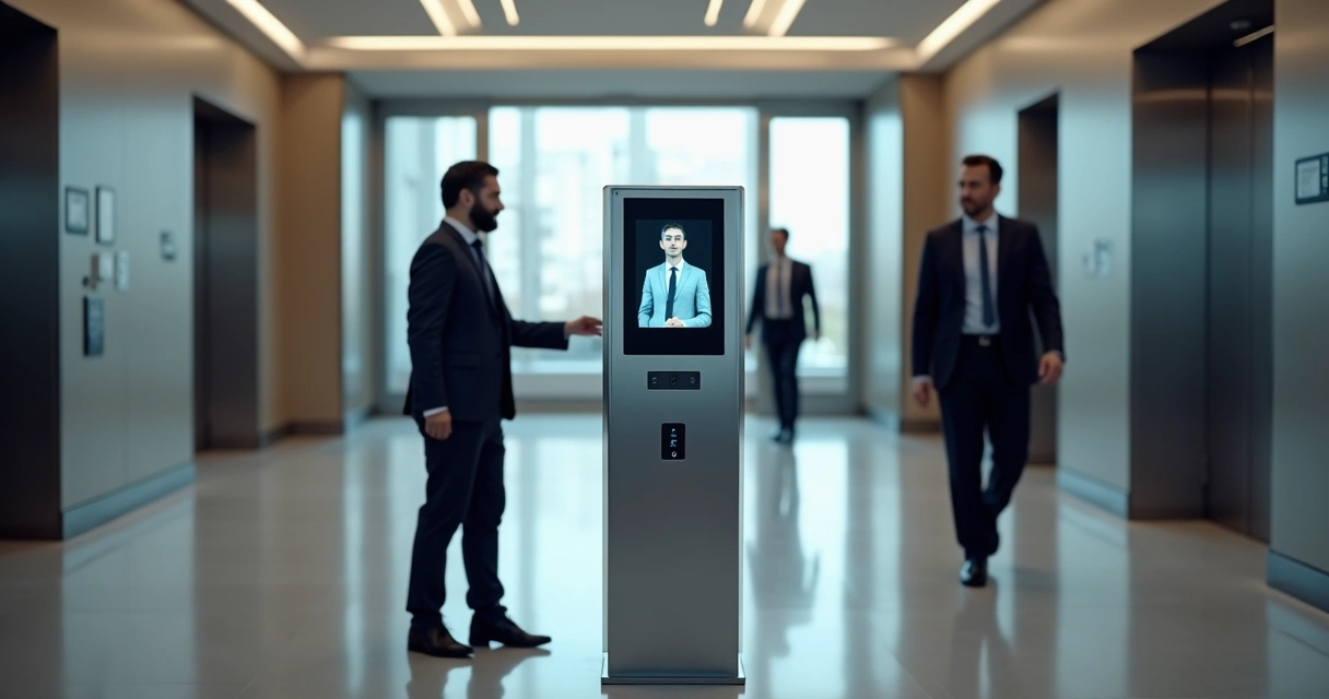 Acesso facial sendo utilizado em hall de edifício comercial, pessoas passando pelo equipamento 