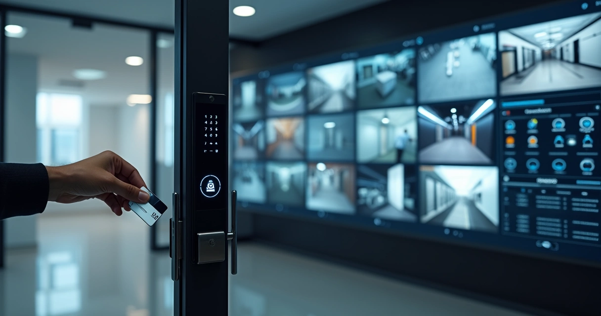Painel de controle de acesso integrado a câmeras de CFTV em ambiente corporativo moderno 
