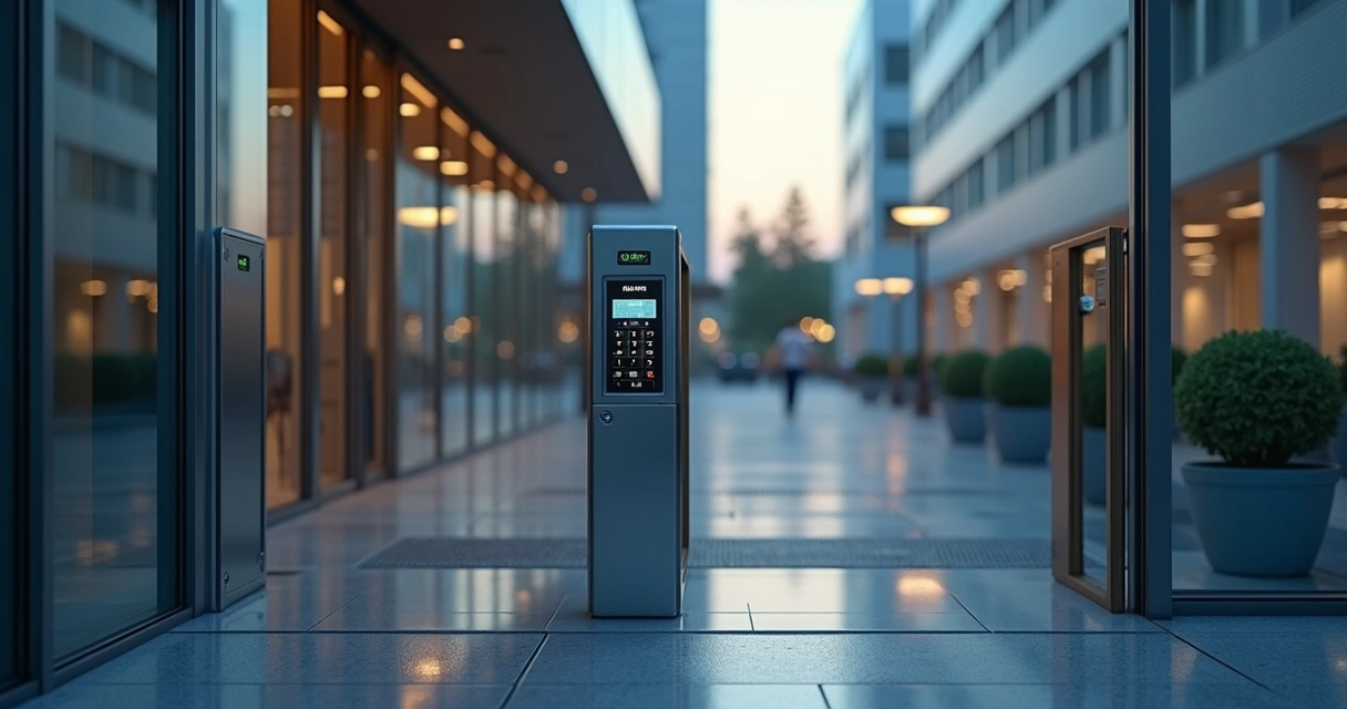 Portão automático metálico fechado com controle de acesso digital e segurança eletrônica 