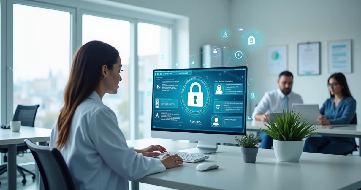 Profissional de saúde acessando prontuário eletrônico protegido por ícones de segurança 