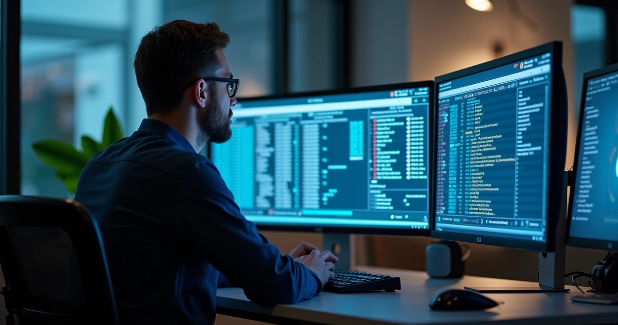 Técnico de TI revendo registros de acesso em tela múltipla