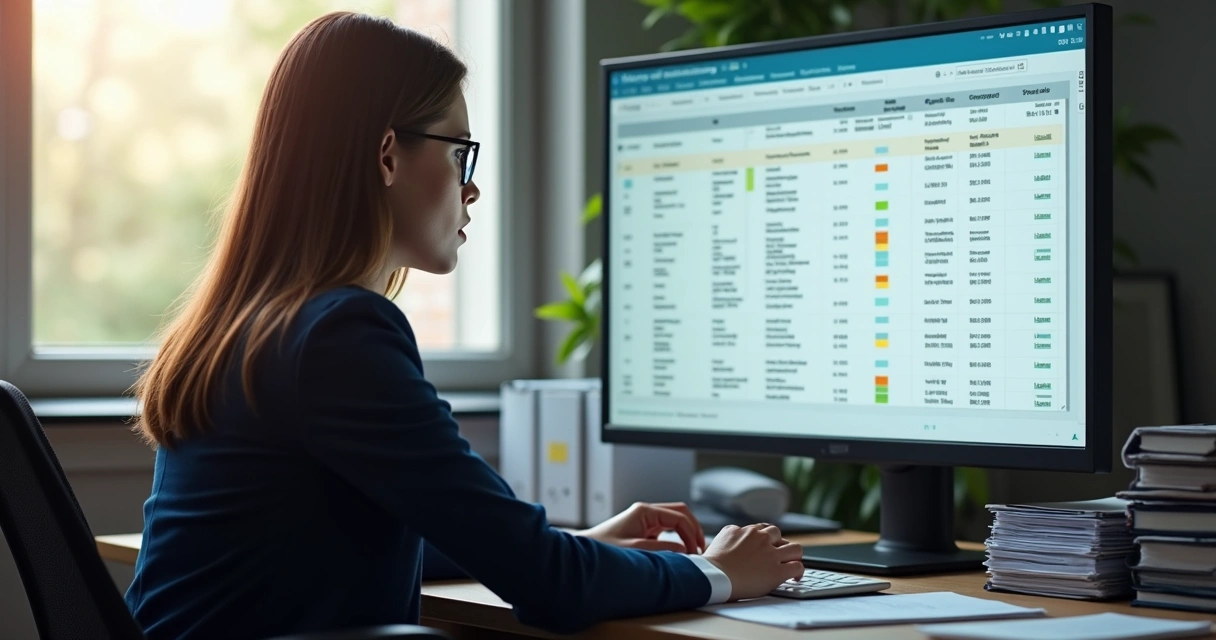 Analista revisando lista de permissões em tela de computador, ao lado de arquivos e papéis de escritório 
