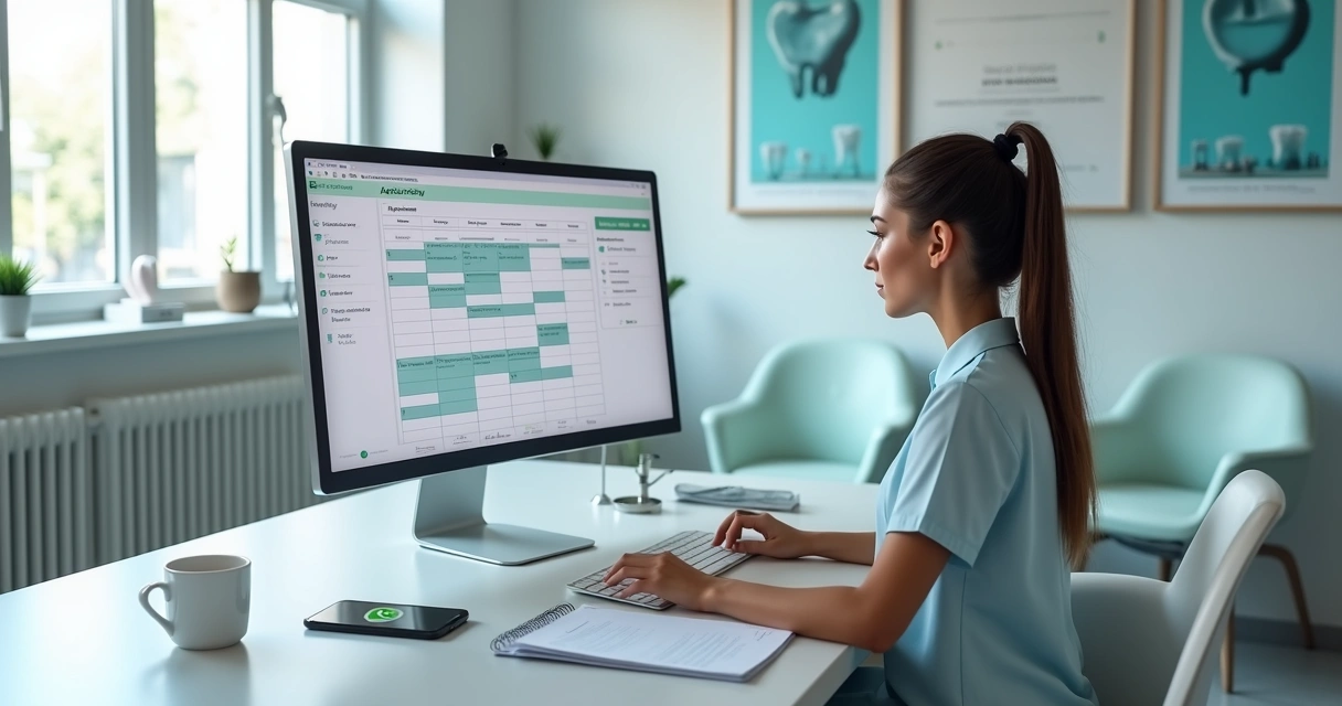 Consultora em clínica odontológica usando software para gerenciar agendamentos no computador 