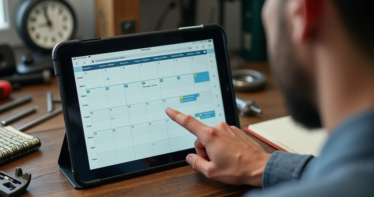 Mão masculina apontando para um tablet com tela de calendário e agendamentos digitais para oficina mecânica. Fundo mostra mesa de trabalho com ferramentas mecânicas e caderno aberto. 