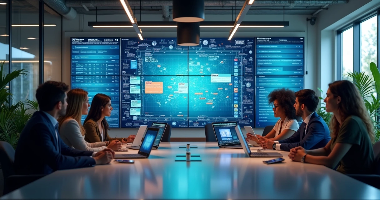 Sala corporativa com grandes telas mostrando calendários digitais e uma equipe diversa colaborando diante de computadores e tablets 