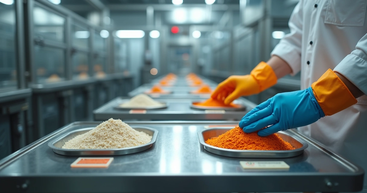 Funcionário de fábrica usando luvas coloridas para manipular ingredientes em mesas separadas 