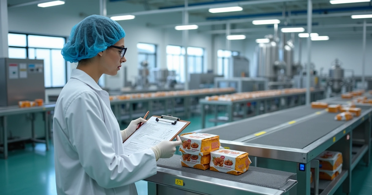 Funcionário de indústria alimentícia conferindo rótulos de alergênicos na linha de produção 