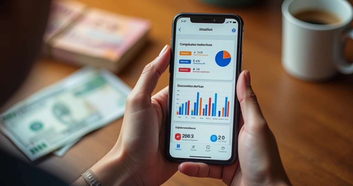 Pessoa usando app de finanças em smartphone com gráficos 