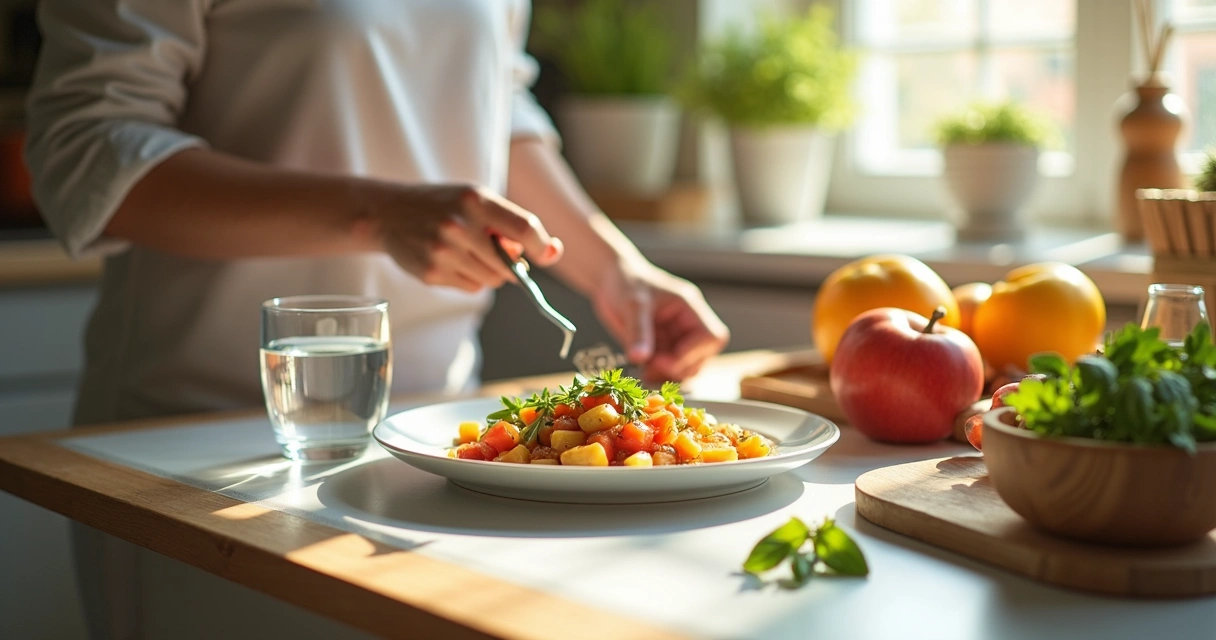 Pessoa comendo refeição controlada olhando lista alimentos permitidos