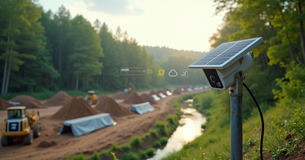 Câmera time-lapse 4G solar monitorando zona de obra ao lado de área verde preservada 