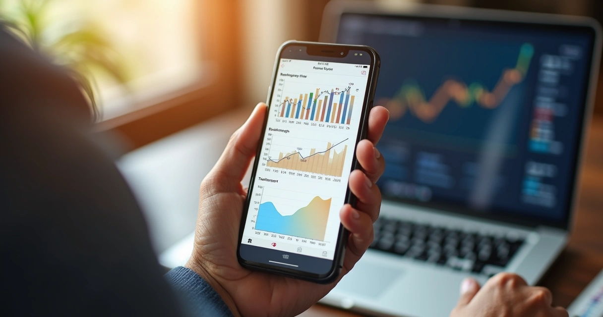 Pessoa segurando celular com gráfico de investimentos para aposentadoria