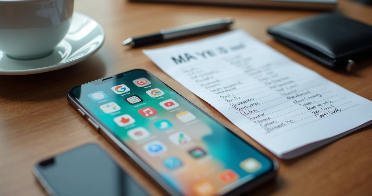 Celular com tela de aplicativos de assinatura em fundo de mesa de escritório, lista de gastos em papel ao lado