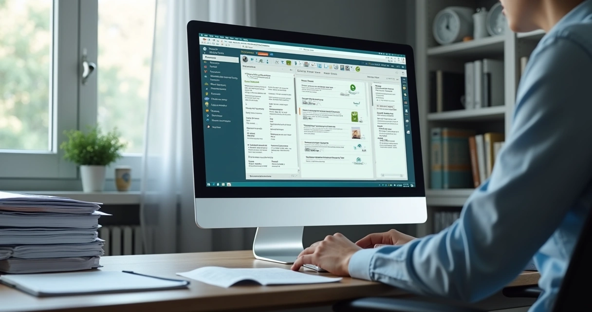 Advogado usando computador, tela com sistema de controle de arquivos jurídicos e WhatsApp aberto