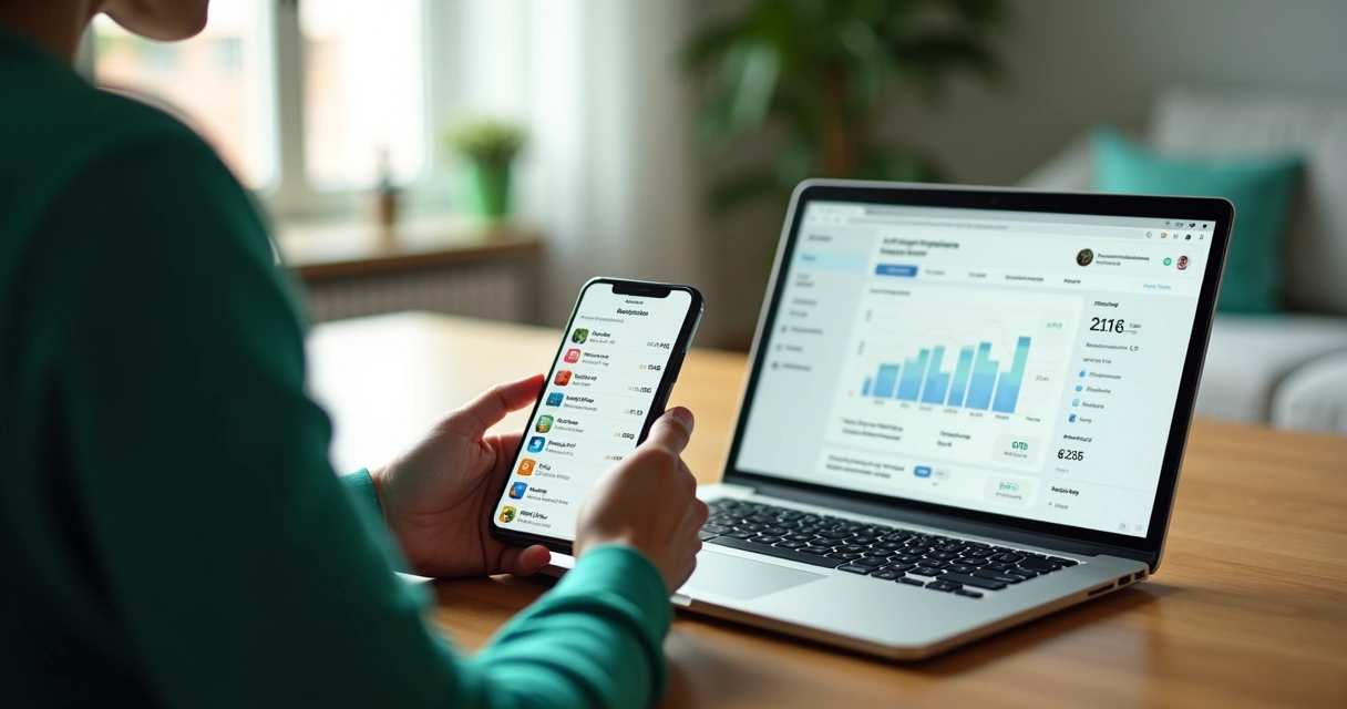 Pessoa controlando assinaturas mensais no smartphone com gráficos financeiros 