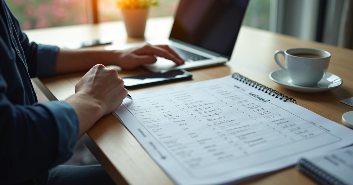 Pessoa revisando lista de assinaturas mensais em notebook e papel, copo de café ao lado 