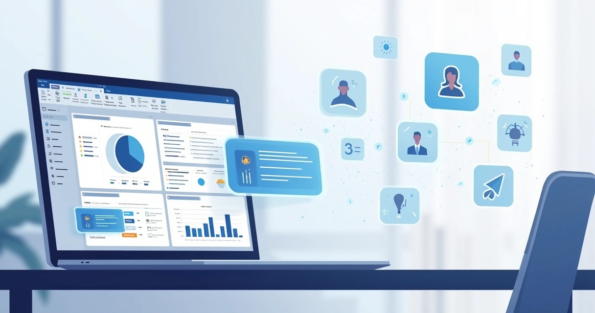 Ilustração corporativa plana mostrando tela do MS Project com painel de auditoria e assistente de IA 