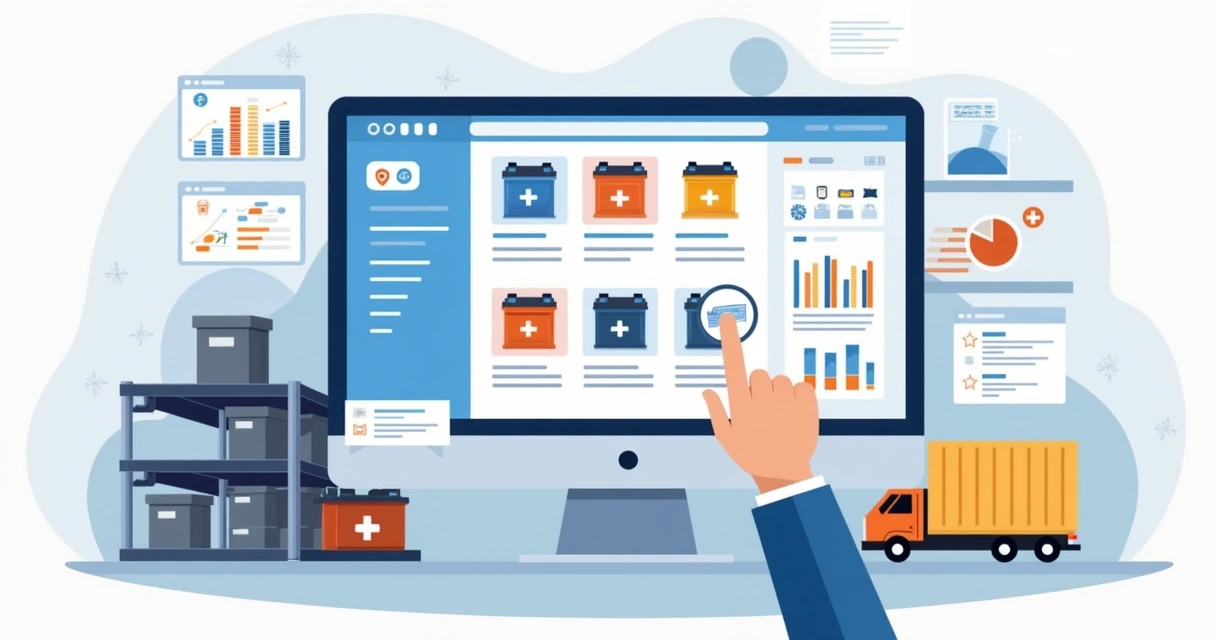 Ilustração corporativa de sistema automatizado controlando estoque de baterias com gráficos e alertas visíveis 