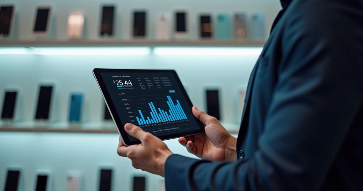 Gestor analisando estoque de celulares em sistema digital 