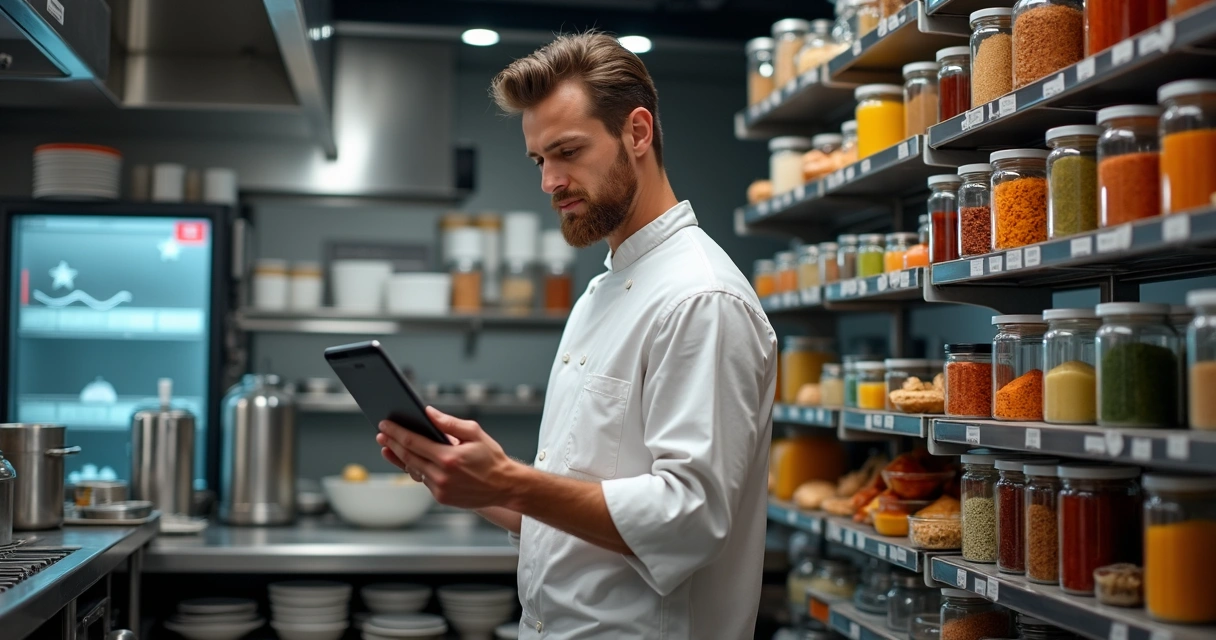 Cozinheiro usando tablet para controle de estoque ao lado de prateleira organizada 