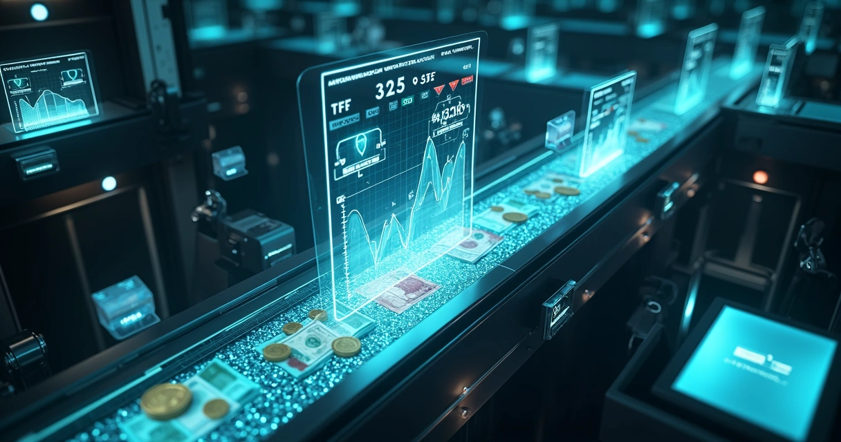 Ilustração de esteira automatizada controlando saída de caixa empresarial 