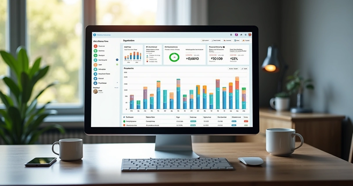 Painel digital exibindo controle automatizado de repasses financeiros com gráficos e notificações de sucesso 