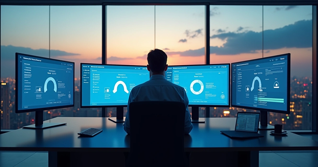 Profissional checando diferentes painéis de nuvem em monitores 