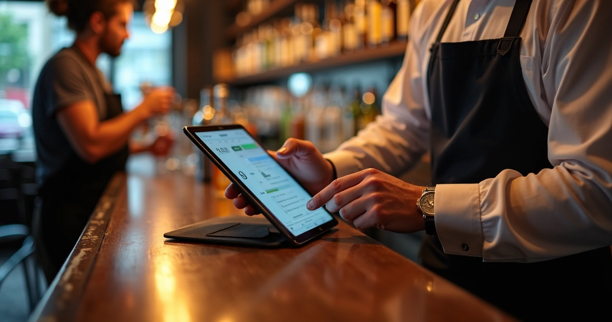 Equipe de bar monitorando o estoque em tempo real com tablet 