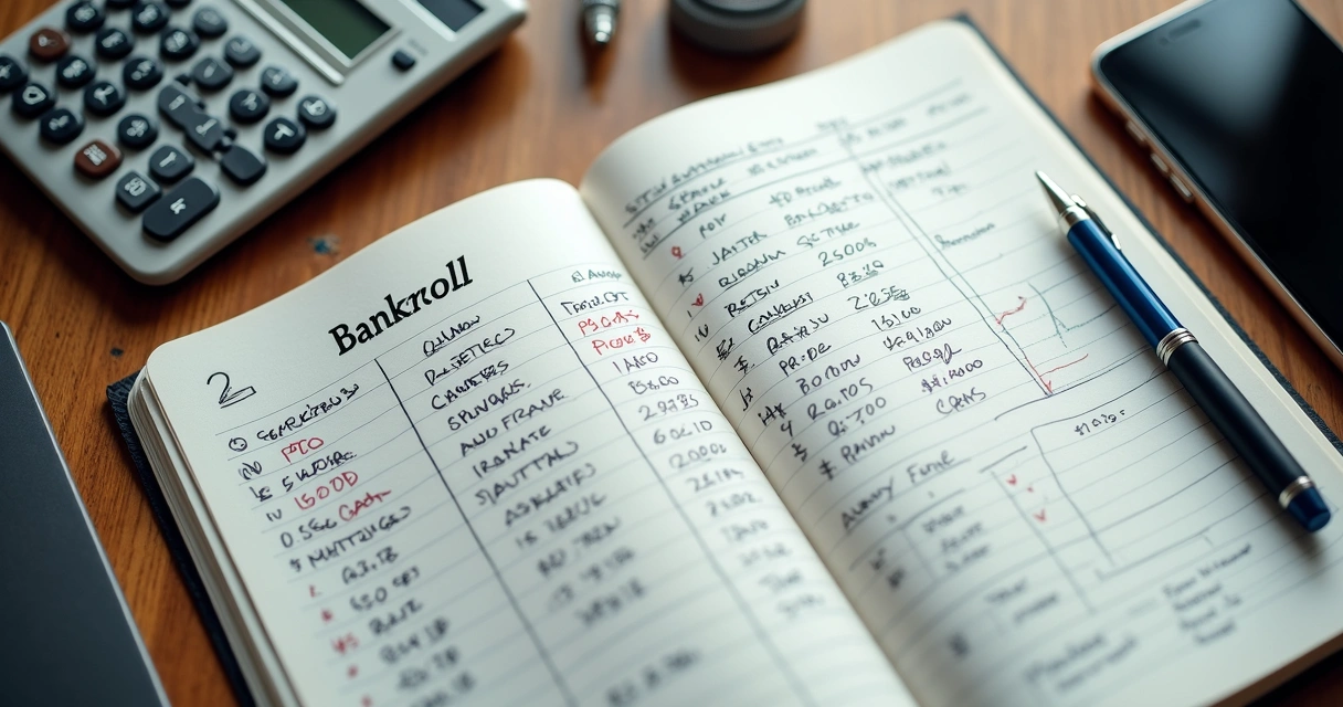 Caderno com controle de banca e calculadora sobre a mesa 