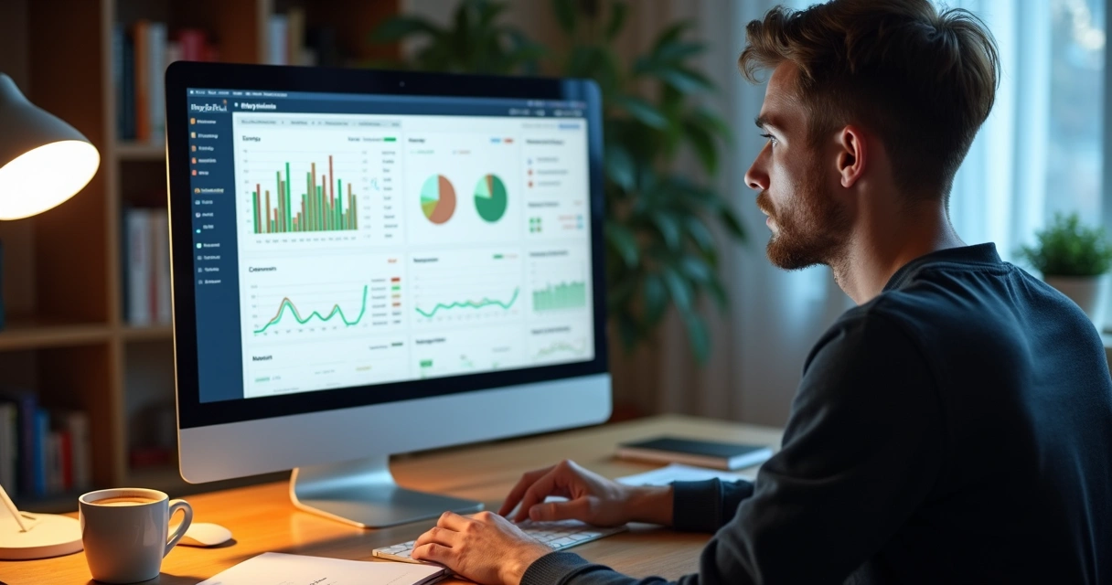 Homem programando controle financeiro em computador, tela com gráficos, ambiente moderno