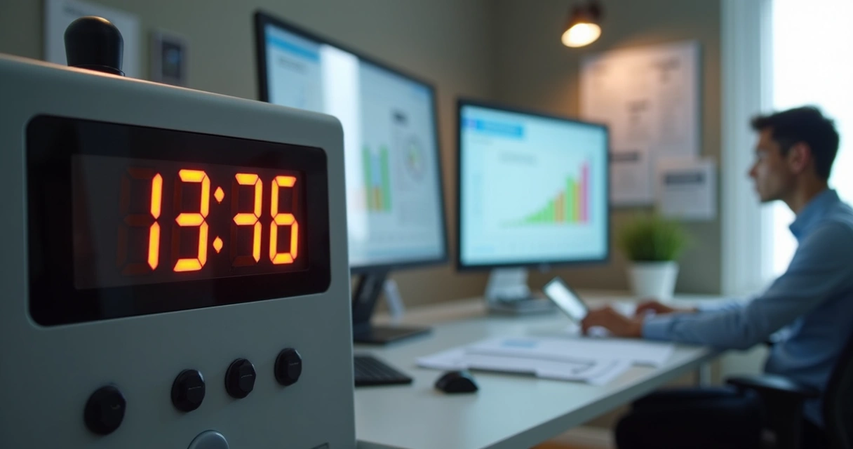 Relógio ponto eletrônico exibindo horas acumuladas no banco de horas com gerente analisando dados no computador ao fundo 